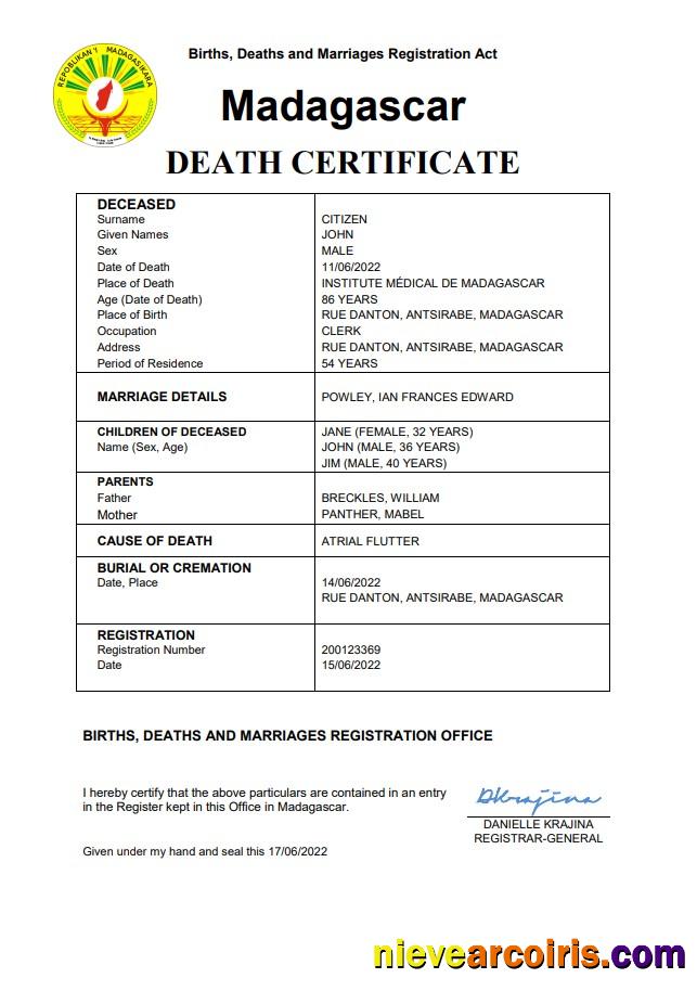 Madagascar vital record death certificate